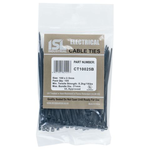 ISL 100 x 2.5mm UV Nylon Cable Tie - Blk 100pk