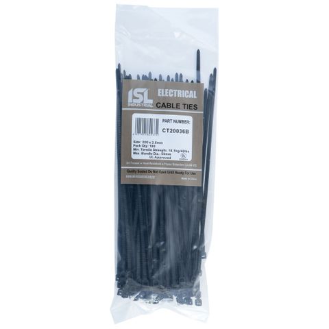 ISL 200 x 3.6mm UV Nylon Cable Tie - Blk 100pk