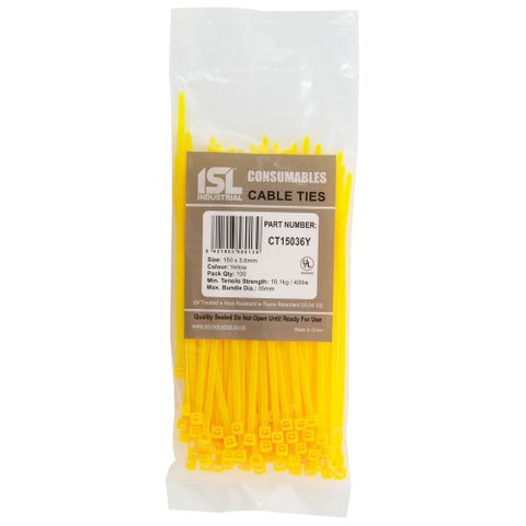 ISL 150 x 3.6mm UV Nylon Cable Tie - Yellow 100pk