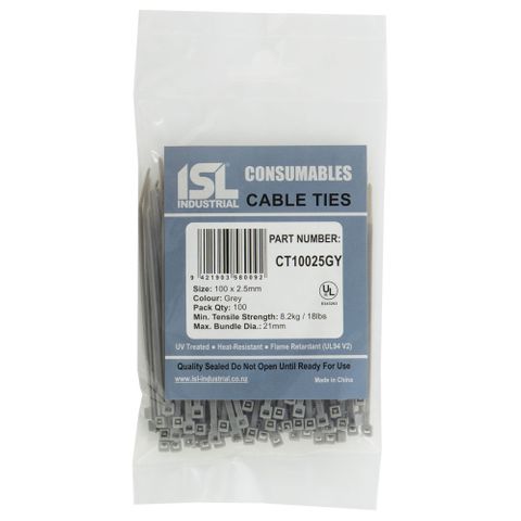 ISL 100 x 2.5mm UV Nylon Cable Tie - Grey 100pk