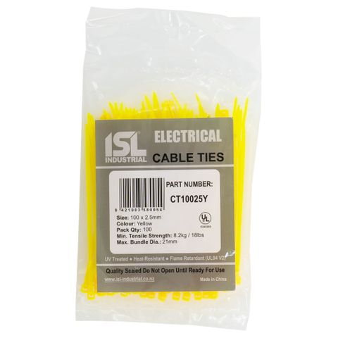 ISL 100 x 2.5mm UV Nylon Cable Tie - Yellow 100pk