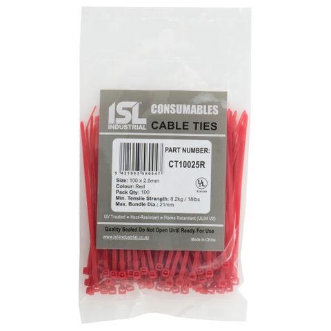 ISL 100 x 2.5mm UV Nylon Cable Tie - Red 100pk
