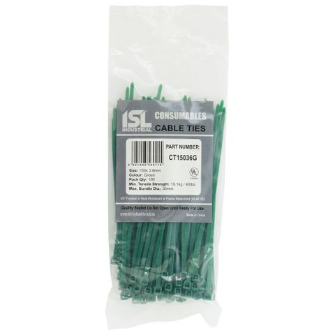 ISL 150 x 3.6mm UV Nylon Cable Tie - Green 100pk