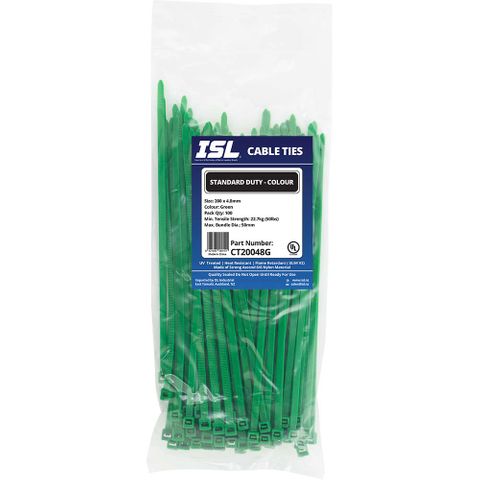 ISL 200 x 4.8mm UV Nylon Cable Tie - Green 100pk