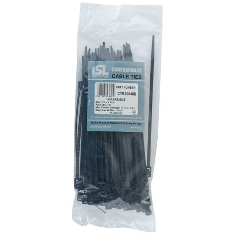 ISL 200 x 4.8mm UV Nylon Releasable Cable Tie - Black 100pk