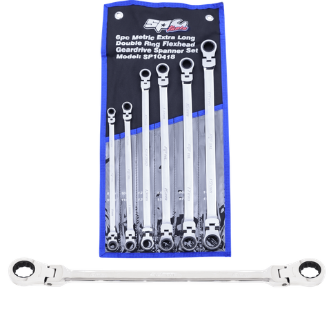 SP Flex Head Double Gear Drive Ring Spanner Set - Extra Long - Metric 6pc