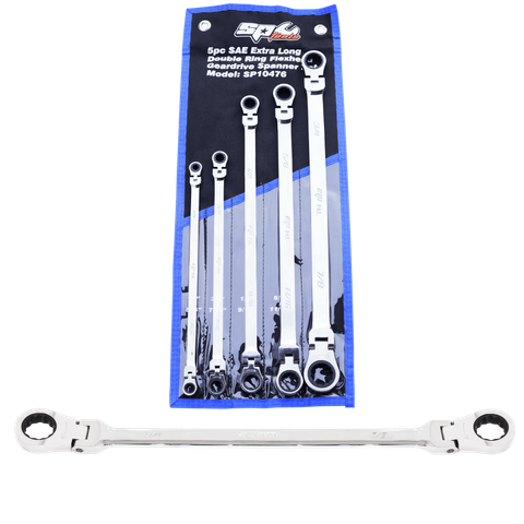 SP Flex Head Double Gear Drive Ring Spanner Set - Extra Long - SAE 5pc