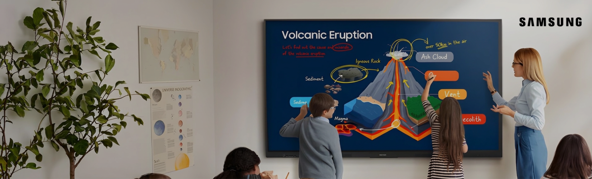 <h3>SAMSUNG COMMERCIAL DISPLAY</h3> <h2>Interactive Panels</h2> <p>Touch enabled, built-in whiteboard,<br> Corporate & education solutions</p> <button>Explore Now</button>