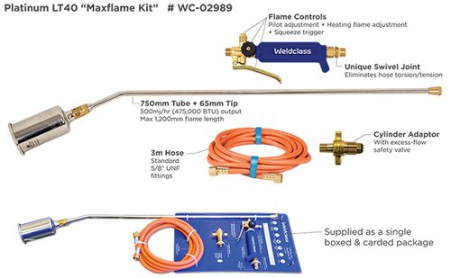 Torch LPG PLATINUM LT40 "Maxflame" Kit - 1000mm Torch With Bottle Adaptor & 3M Hose Weldclass