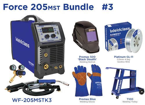 Welder MIG/Stick/TIG Weldclass FORCE 205MST Bundle with Gasless Wire, Helmet, Gloves, Trolley