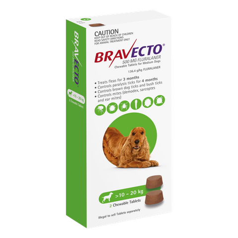 BRAVECTO MEDIUM DOG GREEN 10-20KG 2PACK