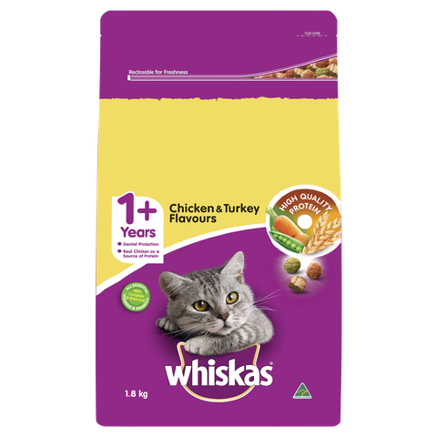 WHISKAS 1+ Dry Cat Food Chicken & Turkey Flavours 1.8kg Bag