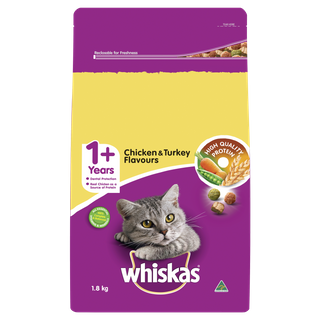 WHISKAS 1+ Dry Cat Food Chicken & Turkey Flavours 1.8kg Bag