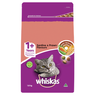 WHISKAS 1+ Dry Cat Food Saradine & Prawn Flavours 1.8kg Bag