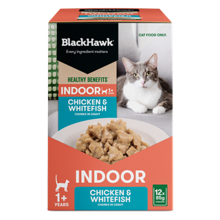 Black Hawk Healthy Benefits Indoor Cat Food Chicken Whitefish in Gravy 85gx12