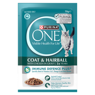 PURINA ONE® ADULT COAT AND HAIRBALL WITH CHICKEN IN GRAVY WET POUCH 12X70G
