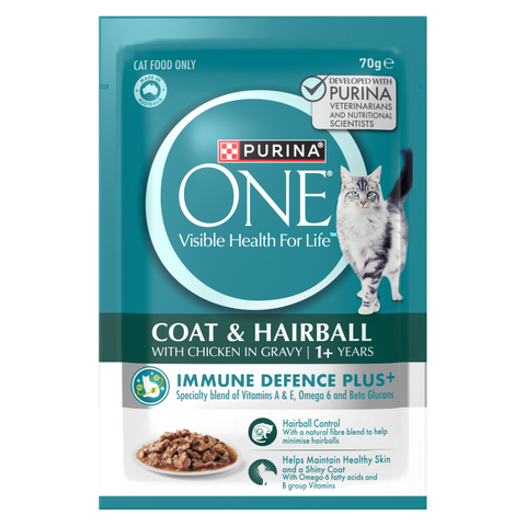 PURINA ONE® ADULT COAT AND HAIRBALL WITH CHICKEN IN GRAVY WET POUCH 12X70G