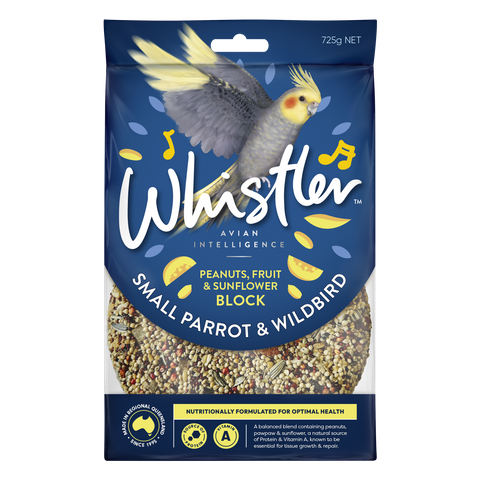 WHISTLER SMALL WILDBIRD & PARROT BLOCK WITH PEANUTS, FRUIT & SUNFLOWER 725G