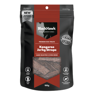 BLACK HAWK DOG TREATS KANGAROO JERKY STRAPS 100G *DATED 1 JAN 2026