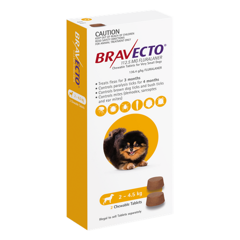 BRAVECTO VERY SMALL DOG YELLOW 2-4.5KG 2PACK *DATED 31 DEC 2026