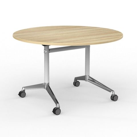 Modulus Flip Table Round 1200mm H720 White/Chr Fr New Oak Top