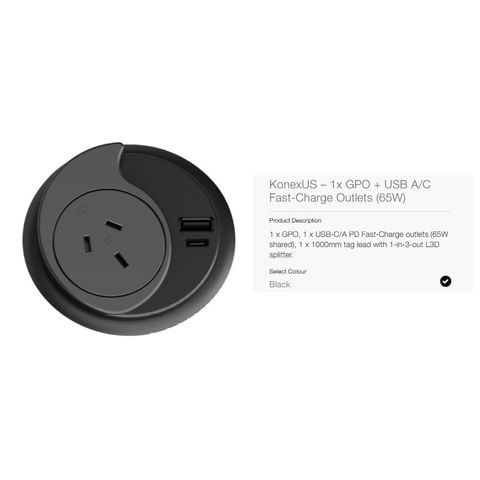Konexus GPO & 2 x USB A/C Fast Charge Outlet [65W] Black