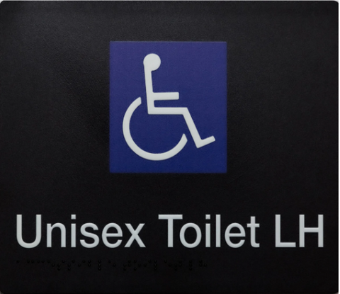 DISABLED TOILET LEFT HANDED BRAILLE AMENITY SIGN - BLACK / W