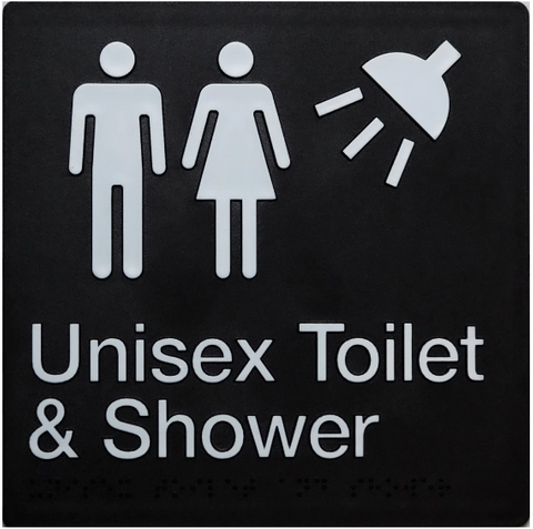 MALE/FEMALE TOILET & SHOWER BRAILLE AMENITY SIGN  BLACK / WH