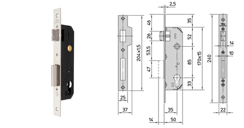VIRO EURO CYL. MORTICE LOCK (35MM B/SET) - SINGLE-THROW