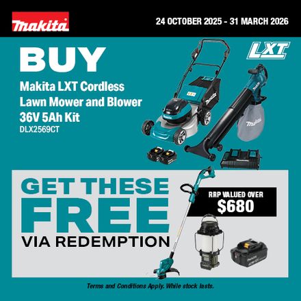 CTA Web Block - Makita LXT Lawn Mower (DLX2569CT) Redemption 24 Oct 25 - 31 Mar 2026