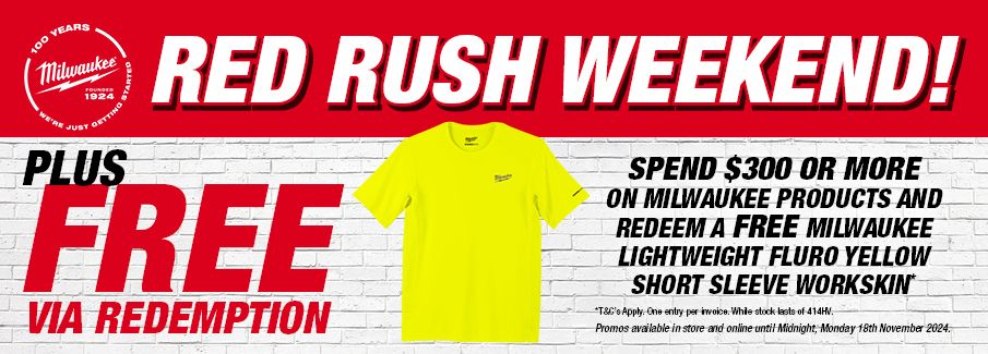 Milwaukee Red Rush and Spend and Redeem Fluro Workwear Nov 2024