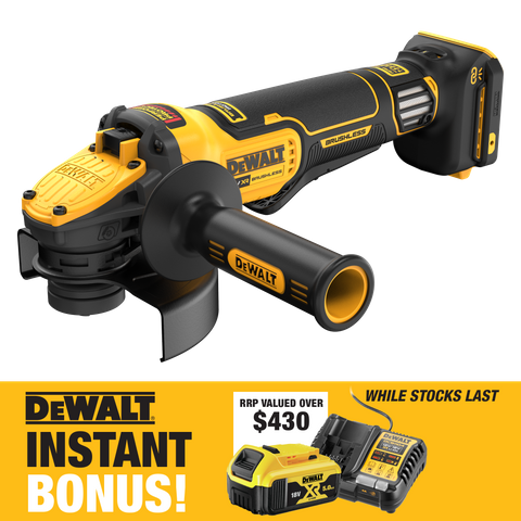 DEWALT Cordless Grinder 125mm Brushless Var Spd 18V - Bare Tool with Bonus