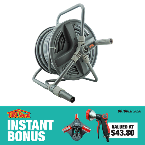 ToolShed Water Hose Reel with Spray Nozzle and Rotary Sprinkler