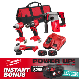 Milwaukee M18 Cordless Power Pack 4pc Kit 18V 5Ah with BONUS