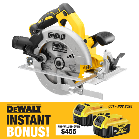 DEWALT Cordless Circular Saw 184mm 18V - Bare Tool with Bonus Batteries