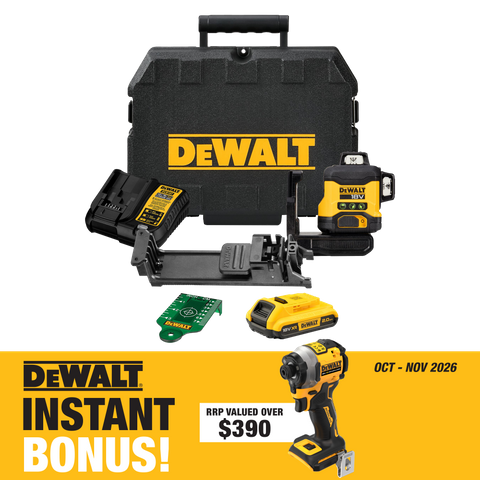 DEWALT Cross Line Laser 1080deg (3x 360) Green Beam Compact 18v 2Ah with Bonus