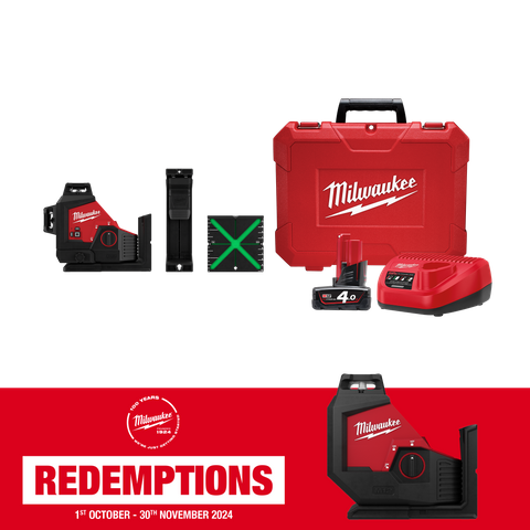 Milwaukee M12 Cross Line Laser 3x 360deg 3 Plane Green Beam 12v 4Ah