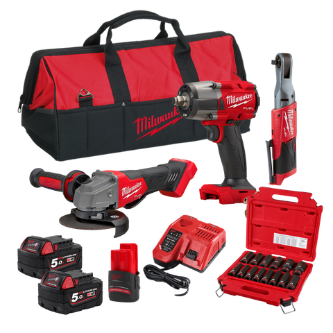 Milwaukee M18 FUEL Cordless Power Pack Brushless 3pc Kit 3AG 18V/12V 5Ah/2.5Ah