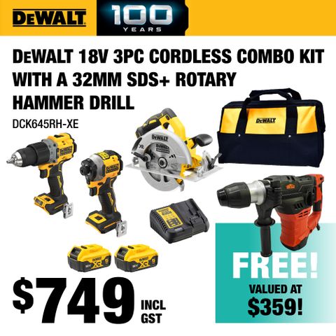 DeWalt 18v 3pc Cordless Combo Kit with a 32mm SDS+ Rotary Hammer Drill