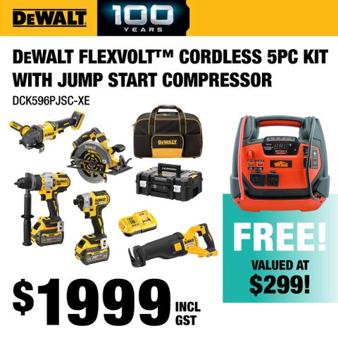 DeWalt FLEXVOLT Cordless 5pc Kit with Jump Start Compressor