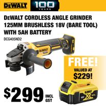 DeWalt Cordless Angle Grinder 125mm Brushless 18v - Bare Tool with 5Ah Battery