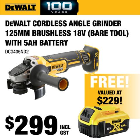 DeWalt Cordless Angle Grinder 125mm Brushless 18v - Bare Tool with 5Ah Battery