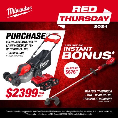 Milwaukee M18 FUEL Lawn Mower 2x 18V with Bonus Line Trimmer 8Ah