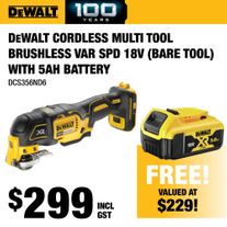 DeWalt Cordless Multi Tool Brushless Var Spd 18V - Bare Tool with 5Ah Battery