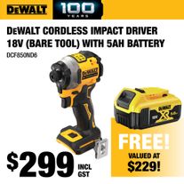 DeWalt Cordless Impact Driver 18V - Bare Tool with 5Ah Battery