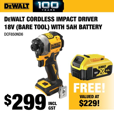 DeWalt Cordless Impact Driver 18V - Bare Tool with 5Ah Battery