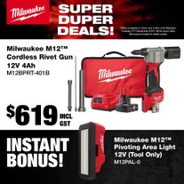 Milwaukee M12 Cordless Rivet Gun 12V 4Ah with Bonus M12 Area Light