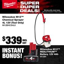 Milwaukee M12 Chemical Sprayer 4L 12V - Bare Tool with Bonus M12 4Ah Battery