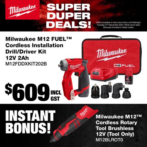 Milwaukee M12 FUEL Installation Drill/Driver 12V 2Ah with Bonus M12 Rotary Tool