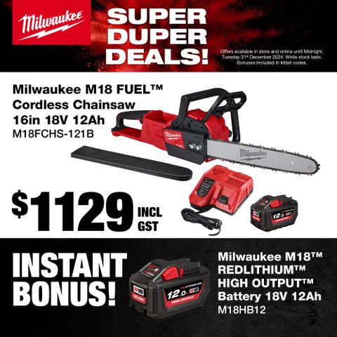 Milwaukee M18 FUEL Cordless Chainsaw 16in 18V 12Ah wt Bonus M18 12Ah HO Battery